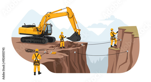 Construction workers and excavator on a cliff edge.