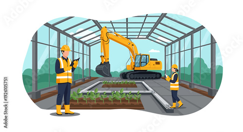 Construction workers and excavator inside greenhouse construction site.
