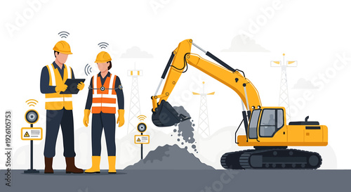 Construction workers and excavator with smart technology.