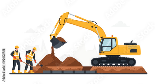 Construction workers and excavator working on a site.