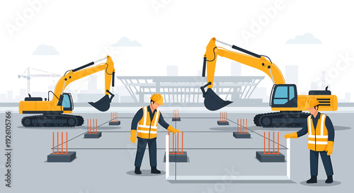 Construction workers and excavators at a building site.