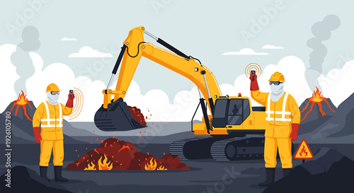 Construction workers in protective suits operating heavy machinery near volcanoes.