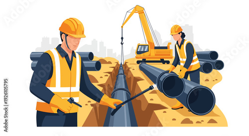 Construction workers installing large pipes in a trench with excavator.