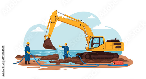 Construction workers operate excavator during excavation project.