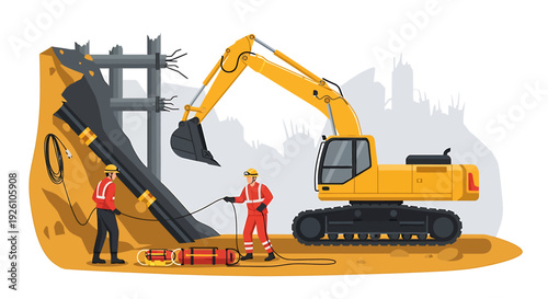 Construction workers operate excavator during infrastructure development project.