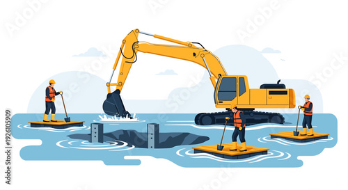 Construction workers operate excavator in flooded area during repair work.