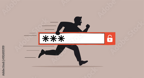 Running Man Silhouette with Password Field and Unlock Icon. Security Concept.