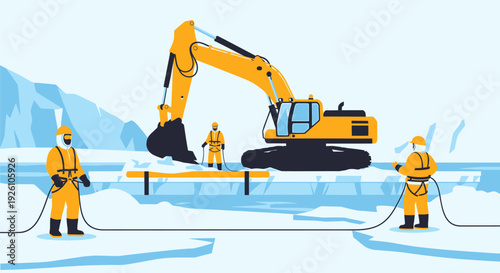Construction workers operate excavator in icy arctic environment.