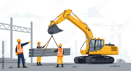 Construction workers operate excavator lifting steel beams at building site.