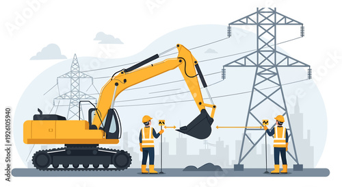 Construction workers operate excavator near power lines.