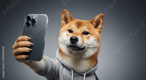 Shiba Inu Dog Taking a Selfie with a Smartphone and Wearing a Hoodie