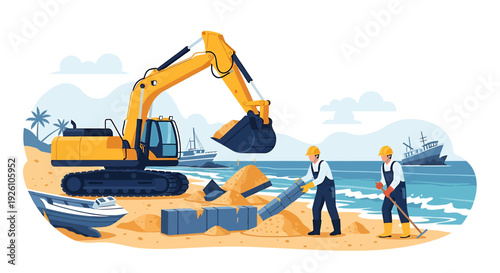 Construction workers operate excavator on beach near boats and ocean.