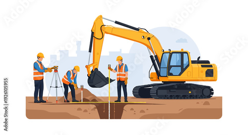 Construction workers operate excavator on building site.