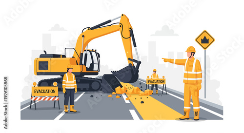 Construction workers operate excavator on road repair project.