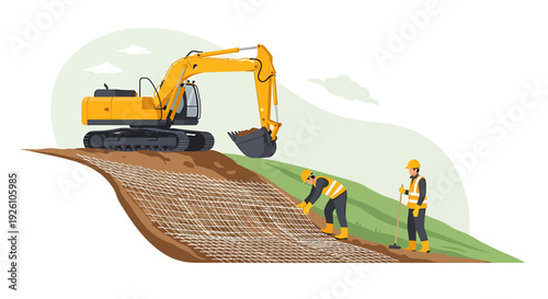 Construction workers operate excavator on site with safety gear.