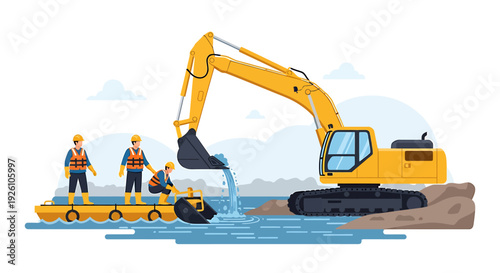 Construction workers operate excavator on water for infrastructure project.