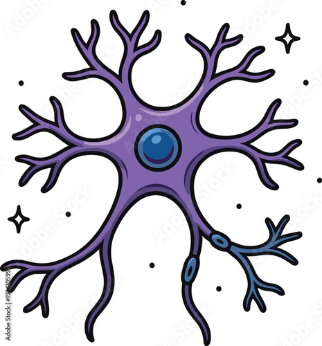 Abstract Neuron Cell Illustration with Dendrites and Axon in Blue Purple Gradient, Scientific Neural Network Concept Art Isolated on White Background Digital Vector Design