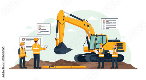 Construction workers overseeing excavator operation on site.