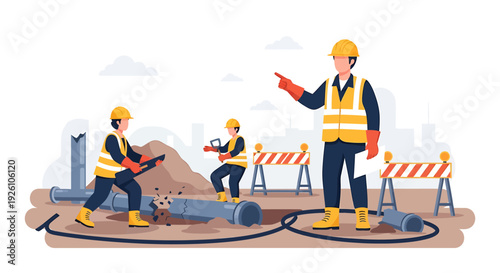 Construction workers repairing large industrial pipes on site.