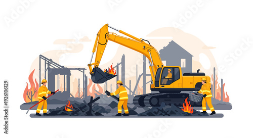 Excavator clearing debris after fire with firefighters present.