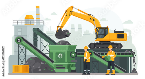 Excavator loads waste into recycling machine with workers present.