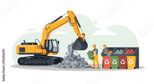 Excavator Machine Moving Debris Near Recycling Bins.