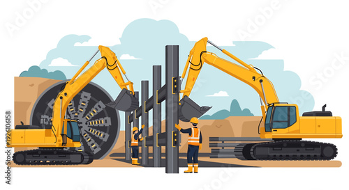Two yellow excavators working on a construction site with tunnel boring machine.