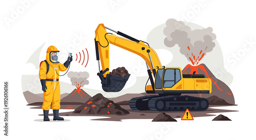 Worker in Hazmat Suit Operates Excavator Near Volcanic Eruption.