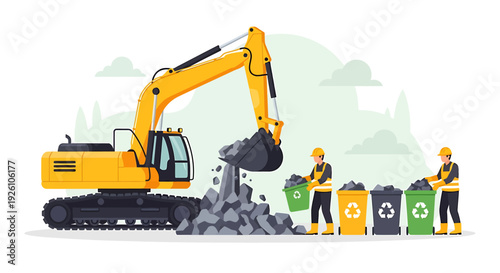 Yellow excavator loading debris into dumpsters with workers nearby.
