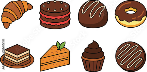 Bakery Pastry Icon Set with Croissant, Donut, Layer Cake, Cupcake, Tiramisu and Sweet Dessert Illustrations for Cafe Menu Design
