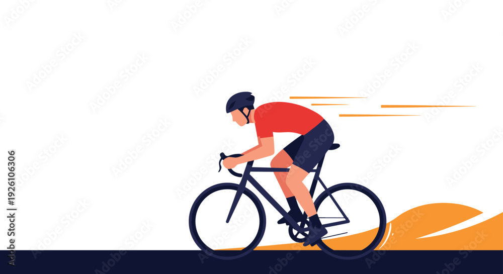 Fototapeta premium Professional road cyclist wearing a red jersey and helmet riding a bicycle fast against a white background with speed lines.