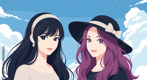 Beautiful anime style illustration of two young women with stylish hair and hats against a bright blue cloudy sky background.