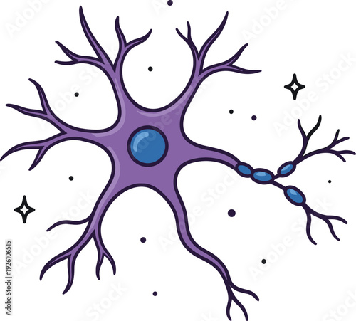 Stylized Neuron Cell Illustration with Dendrites and Axon in Blue Purple Tones, Neuroscience Concept Art for Brain Anatomy, Medical Education, and Neural Network Design