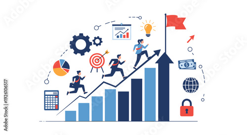 Business people running up a rising bar chart toward a goal with floating icons of success strategy and professional growth.