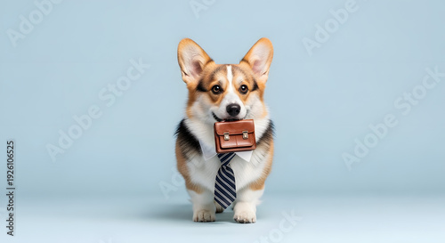 Adorable corgi dog in a suit and tie holding a briefcase, ready for work