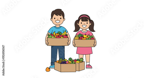 Smiling boy and girl holding wooden boxes filled with fresh healthy fruits and vegetables representing healthy eating for kids.