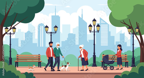 People walking and relaxing in a sunny city park with green trees benches and tall modern skyscrapers in the background.