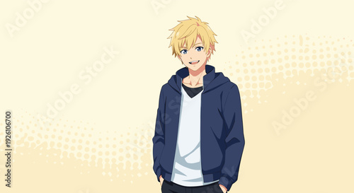 Portrait of a happy smiling anime boy with blonde hair wearing a white t-shirt and blue hoodie against a warm halftone background.