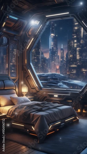  luxury futuristic bedroom interior with night city theme, part 4