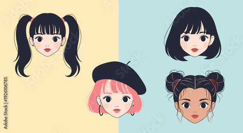 Collection of four beautiful anime girl faces with diverse hairstyles and colors including pigtails bob and space buns.