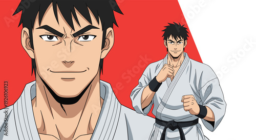 Determined anime character dressed in white karate gi with black belt posing for battle against red and white background.