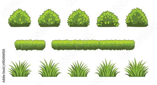 Green Bush and Grass Elements. Pixel Art Garden Assets. Vector Illustration.