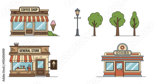 Charming pixel art town buildings including coffee shop, general store, and diner with street lamp and green trees.