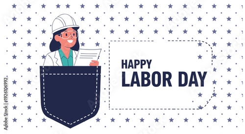 Happy Labor Day celebration card featuring smiling female engineer in hard hat and safety glasses inside denim pocket.