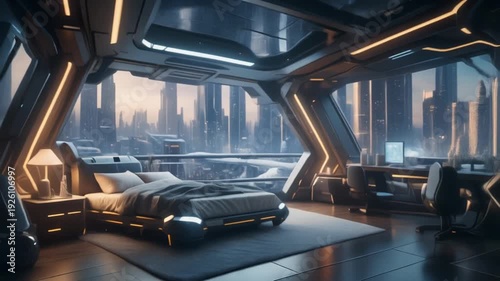  luxury futuristic bedroom interior with night city theme, part 1