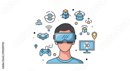 Modern virtual reality concept featuring man wearing headset surrounded by various digital icons and 3D symbols.