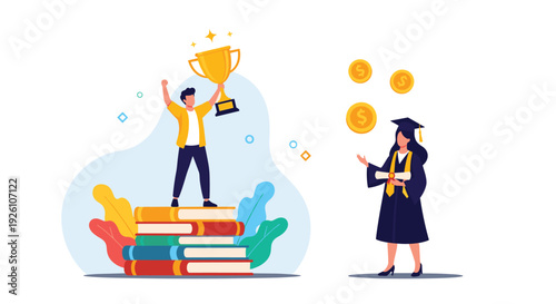 Successful education concept showing male student on books with trophy and female graduate with diploma and money.