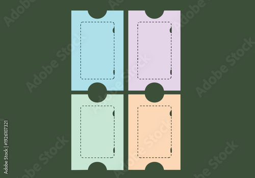 Four Colorful Tickets with Perforations and Dashed Lines