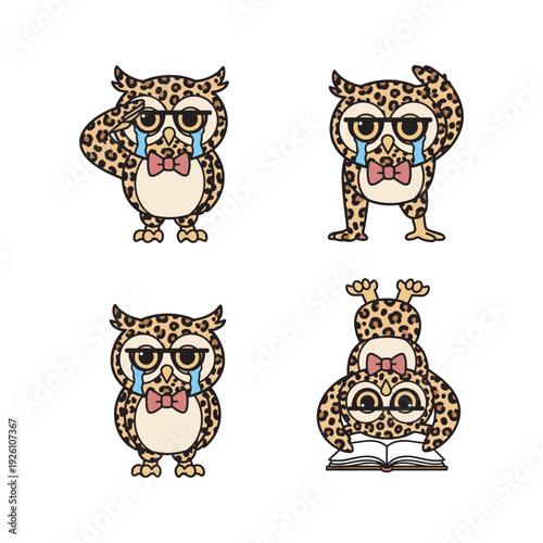 Crying cartoon leopard owls with bow ties in various poses on white background