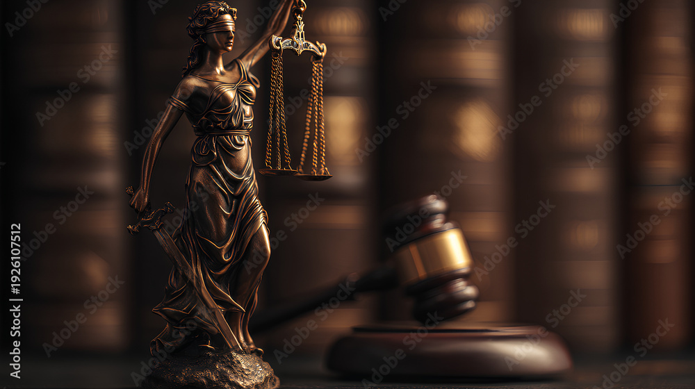 Naklejka premium Legal Concept Themis Goddess of Justice and Judge Gavel Hammer as Symbol of Law and Order
